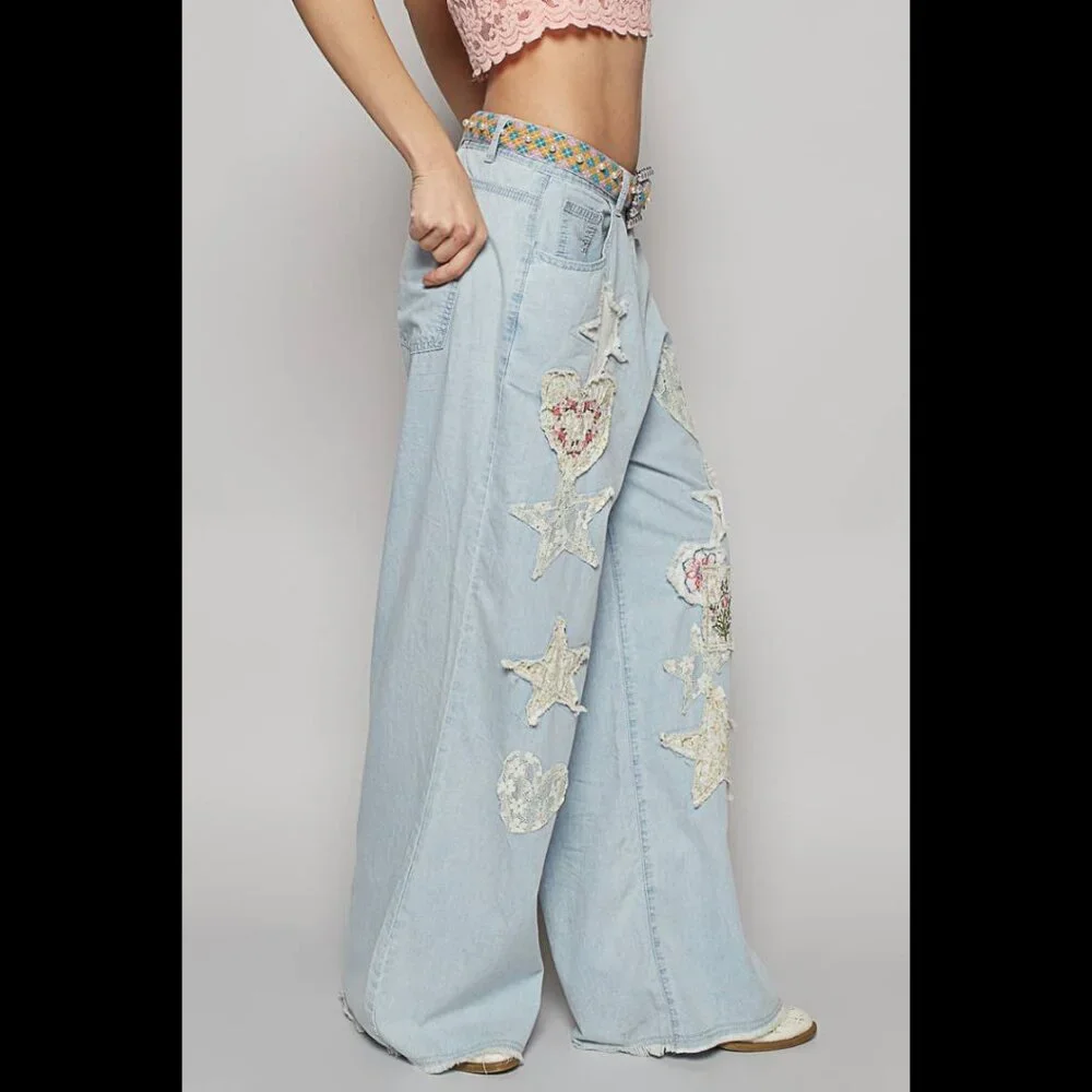 🆕Pol Star Heart Lace Patchwork Blue Denim Wide Leg Pants Size Medium - Picture 3 of 12